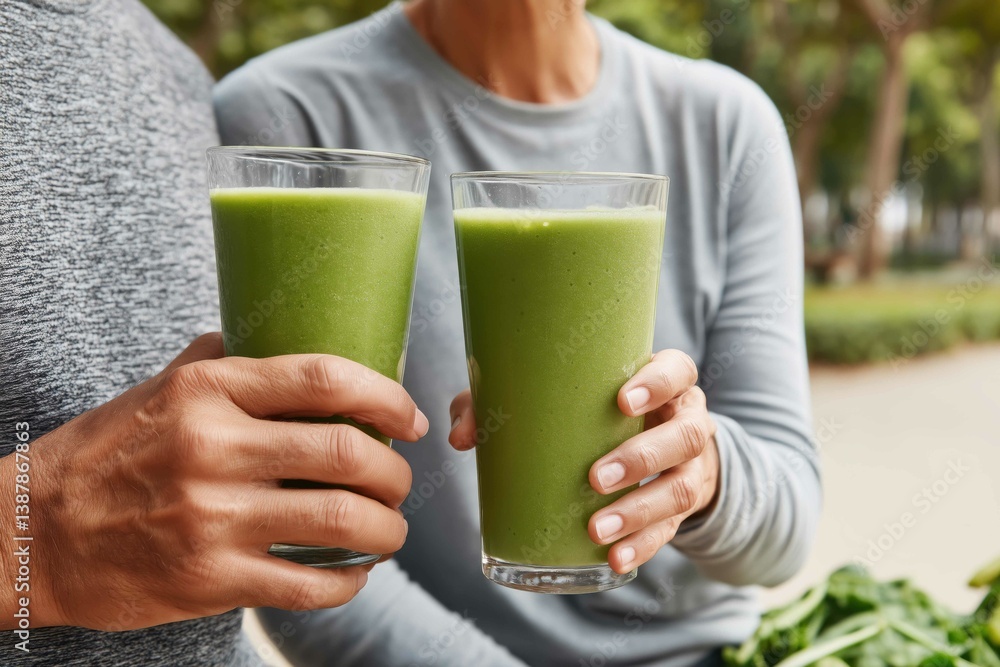 two people drinking healthy green smoothie two people drinking healthy green smoothie