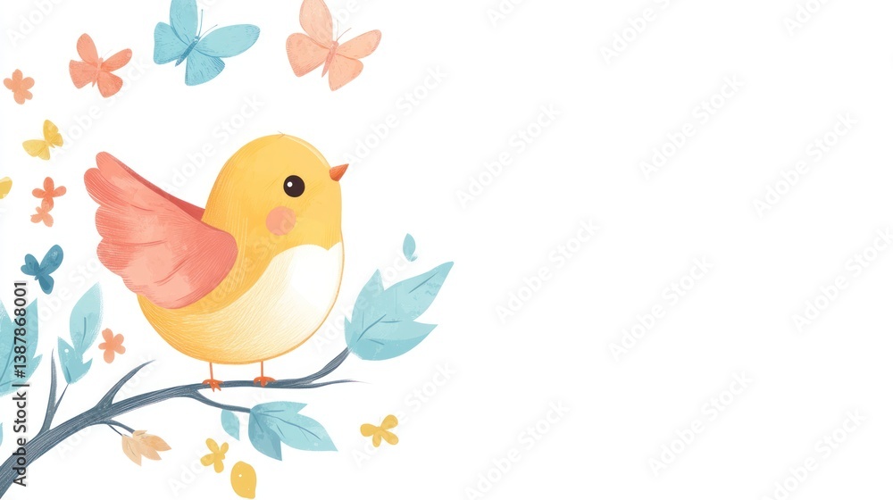 Cute yellow bird on branch with butterflies and flowers. Spring background for kids. Possible use greeting card, children's book illustration Cute yellow bird on branch with butterflies and flowers. Spring background for kids. Possible use greeting card, children's book illustration