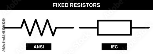 Fixed Resistor Icon Set. ANSI or IEEE and IEC Standards Resistor Schematic Diagram. Amercian and European Symbol Set of Fixed Resistors