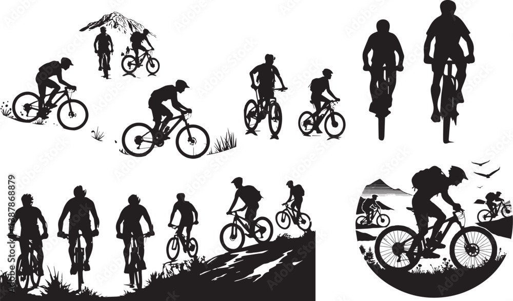 Fototapeta premium Mountain bikers in silhouette enjoying the outdoors