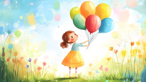 Illustration of a girl holding colorful balloons in spring