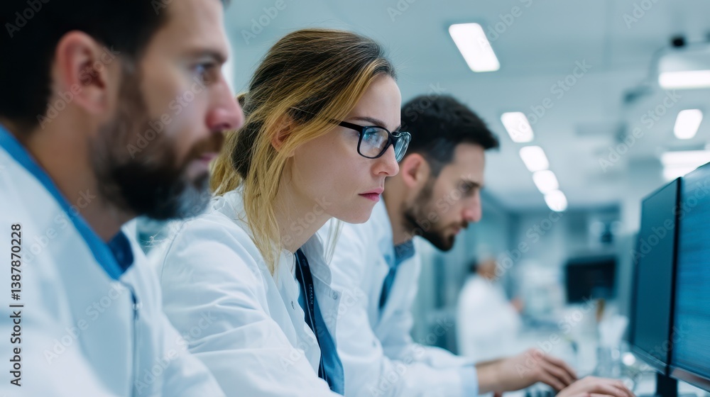 Scientists Hard at Work: A focused group of scientists, immersed in their research, diligently analyze data on computers, showcasing the intensity and dedication of scientific exploration. Scientists Hard at Work: A focused group of scientists, immersed in their research, diligently analyze data on computers, showcasing the intensity and dedication of scientific exploration.