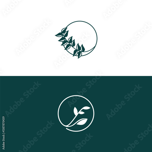 Simple and elegant botanical logo designs featuring circular arrangements of green leaves. Ideal for branding, eco-friendly projects, and nature-inspired themes.