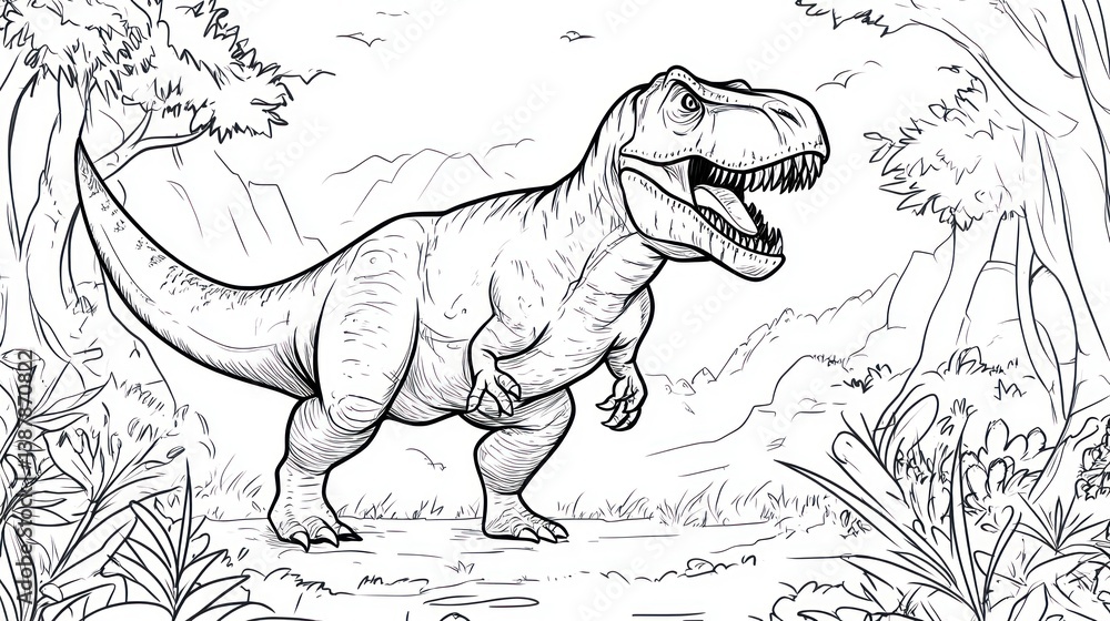 Fototapeta premium Prehistoric Dinosaur Coloring Page, Jungle Landscape