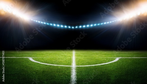 soccer stadium lights shining with reflection on a black background creating a copy space image