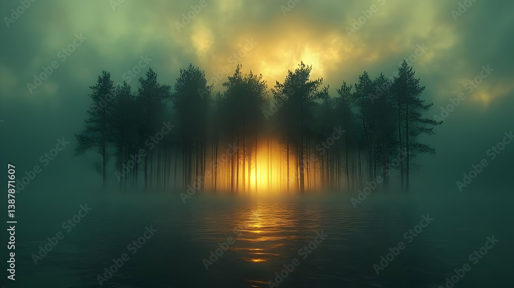 Fototapeta premium Misty Forest Sunset Landscape with Dark Trees and Golden Light