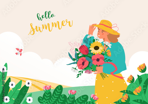 Hello summer concept. Happy woman holds summer flowers. Cheerful female character in yellow dress and hat among blossom. Summer landscape with cute girl vector illustration in flat cartoon style.
