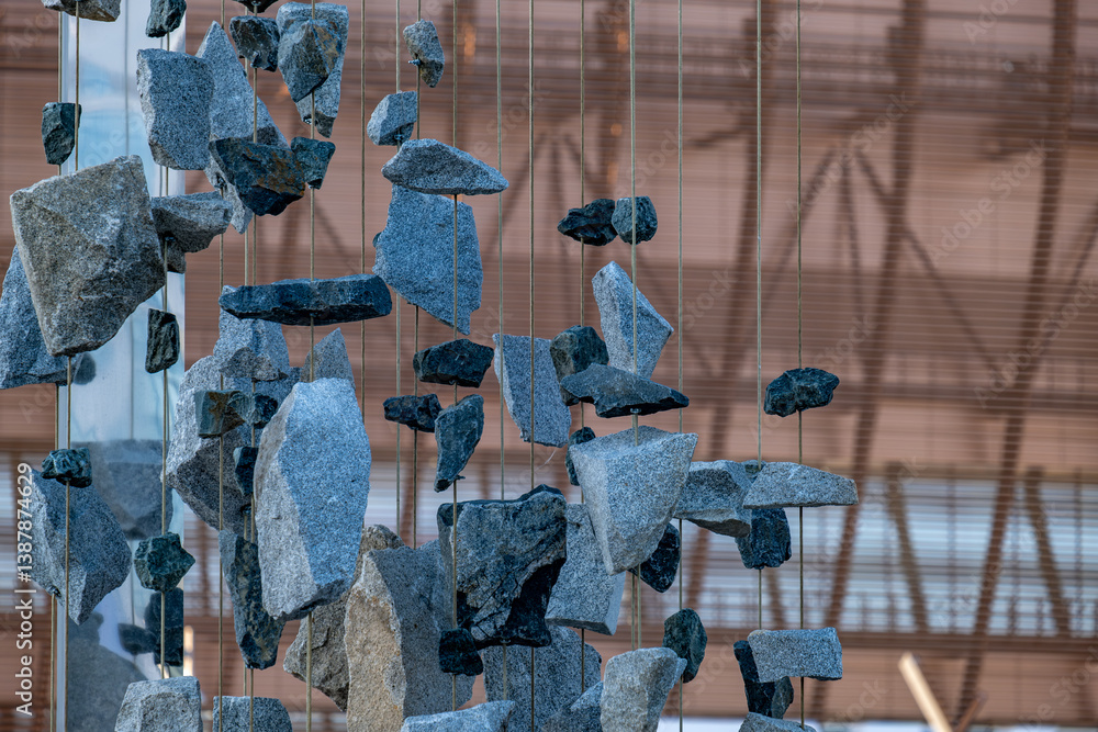 Fototapeta Suspended stones in the air. Floating pieces of granite.