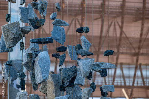 Photography Suspended stones in the air. Floating pieces of granite.