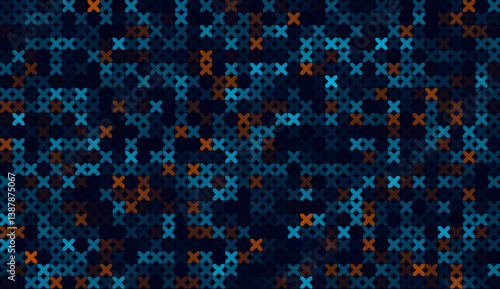 Pixel symbols create a structured vector pattern inspired by retro gaming aesthetics forming geometric compositions that highlight digital design generative technology and grid-based pixel elements