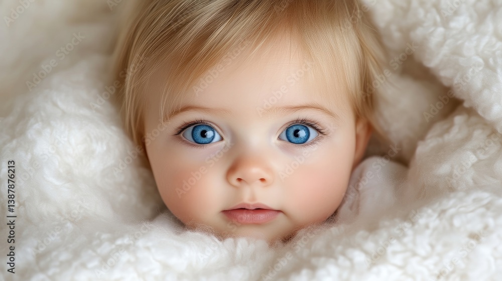 Adorable baby girl with piercing blue eyes, nestled in soft white blanket Adorable baby girl with piercing blue eyes, nestled in soft white blanket
