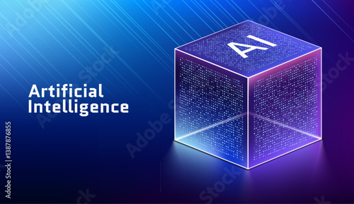 Artificial Intelligence Server Big Data Machine Learning Algorithms 3D cube isometric icon visualizing data storage computational efficiency structured processing technological advancement