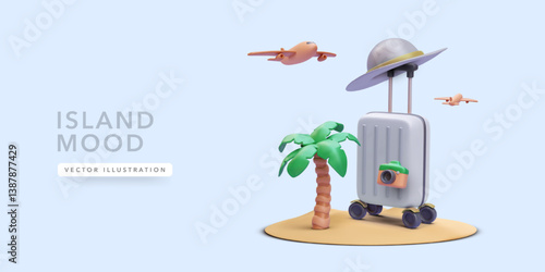 Travel Luggage With Camera And Hat On Beach With Palm Tree And Flying Airplanes. Summer Vacation And Island Holiday Adventure In 3D Rendered Cartoon Style. Vector Illustration.