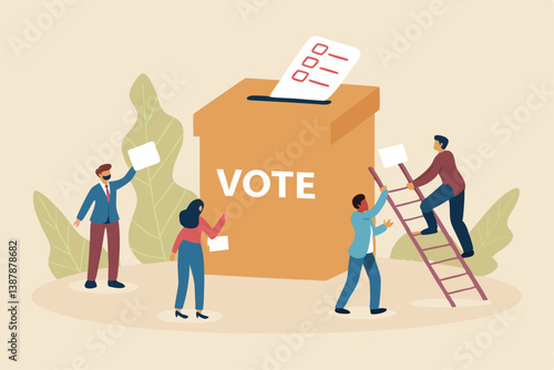 Voting, poll or employee feedback questionnaire, politic choice, opinion or democracy, election or customer survey, referendum concept, diverse people hold voting paper checkmark putting in vote box.