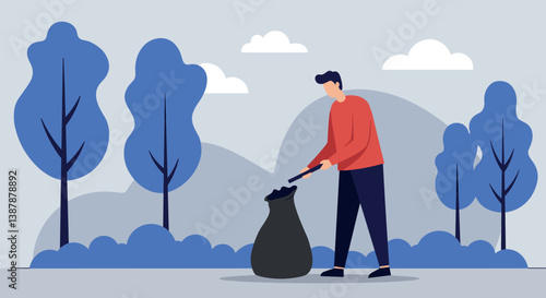 Man picking up trash in park with trees in flat vector style. World Environment Day
