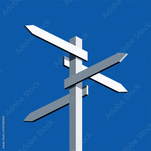 Signpost with blank direction signs on road. White arrow boards. Simple empty crossroad banner. Trendy style graphic. Flat vector illustration.
