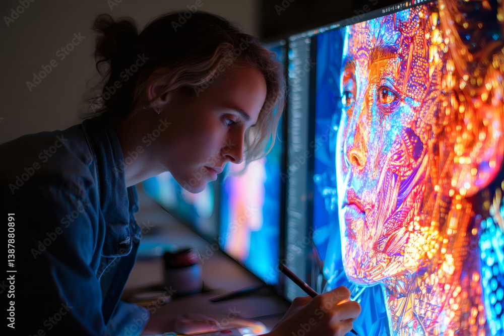 Obraz premium A creative digital artist drawing on a big screen