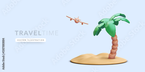 Travel Airplane Flying Over Tropical Island With Palm Tree in Cute 3D Cartoon Style. Perfect for Vacation, Adventure, and Summer Concepts. Clean Background. Vector Illustration.