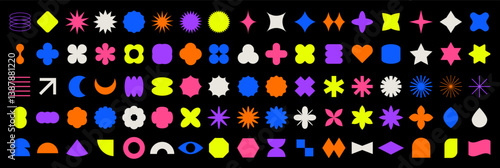 Brutalist abstract geometric shapes. Trendy contemporary abstract minimalist set. Bauhaus memphis figure, star, flower, circle. Swiss aesthetic. Modern graphic design elements. Vector illustration.