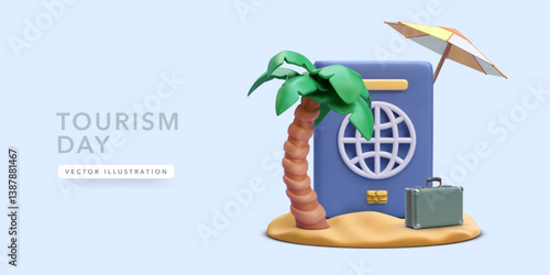 Travel Passport, Palm Tree, Luggage, and Beach Umbrella in 3D Cartoon Style Representing Summer Vacation and World Tourism Day. Vector Illustration.