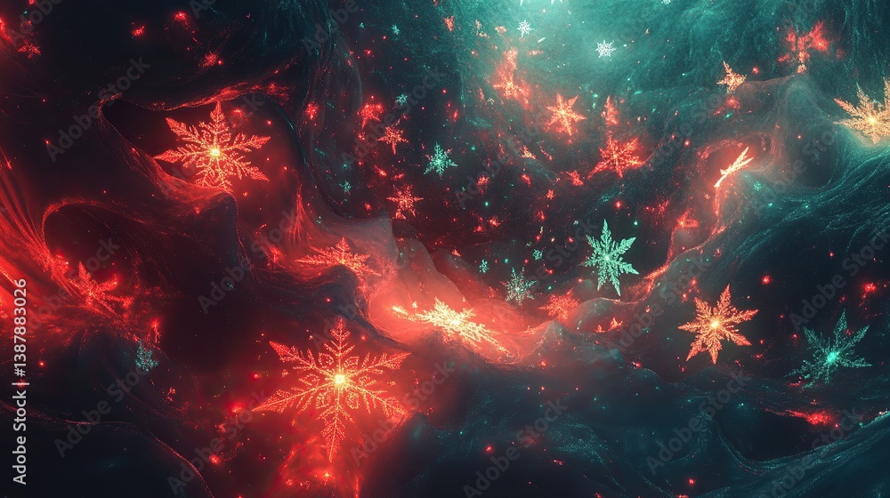 Fototapeta premium A surreal winter wonderland featuring abstract swirling patterns of snowflakes layered with glowing red and green holiday lights