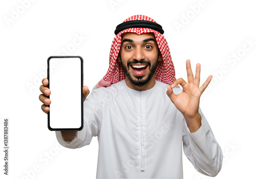 Happy Arab Man Showing Phone Screen and Okay Gesture Against Black