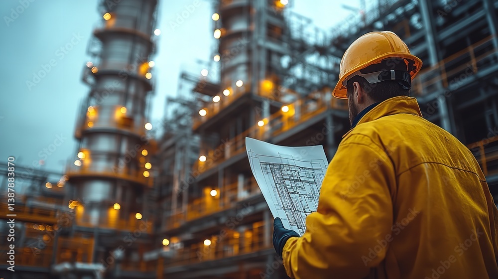 Engineer reviewing blueprints at an illuminated refinery plant at dusk wearing a yellow hardhat and