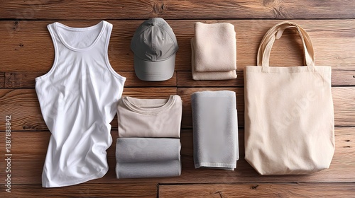 A minimalist flat lay composition showcasing a variety of neutral colored fashion items including a white tank top t shirt cap folded fabrics and a beige tote bag