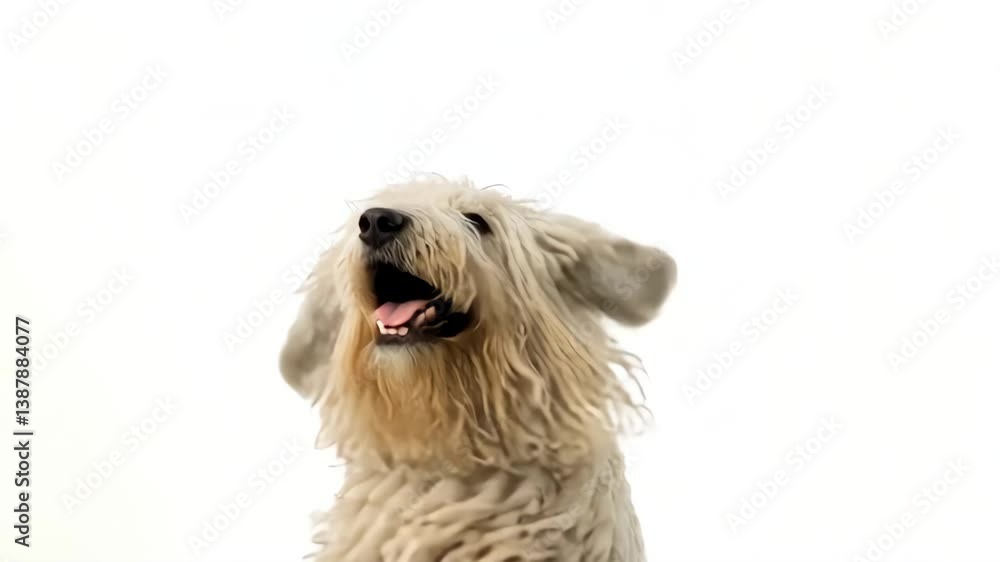 Fluffy dog with long, corded fur standing against a white background.
Fluffy dog with long, corded fur standing against a white background.