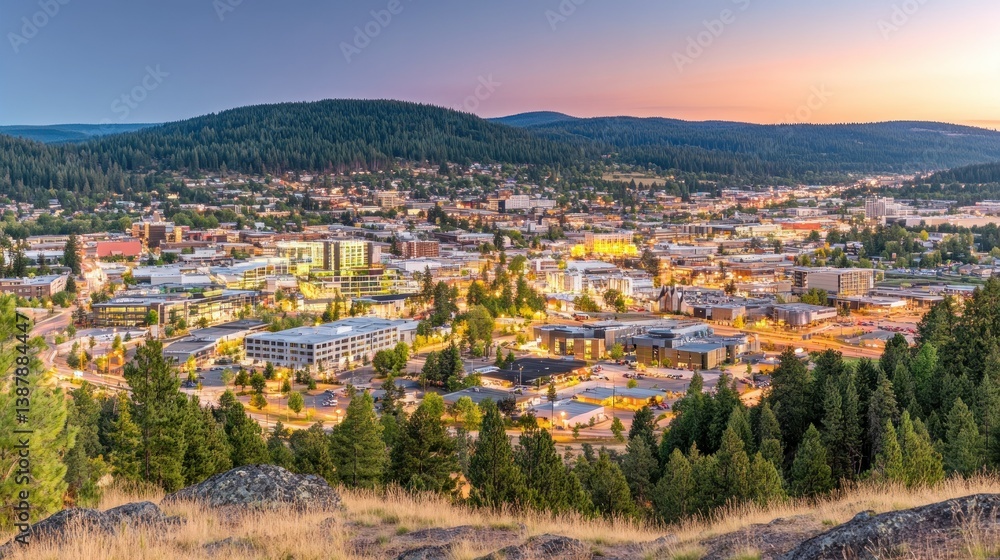Fototapeta premium A high angle view of a city at dusk in the mountains