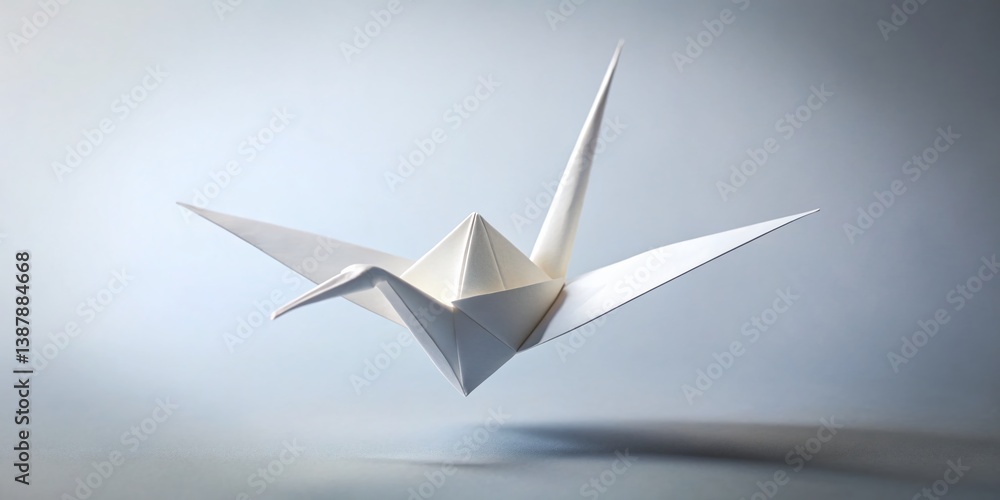 Single Origami Crane Floating, Minimalist White Background Stock Photo Single Origami Crane Floating, Minimalist White Background Stock Photo