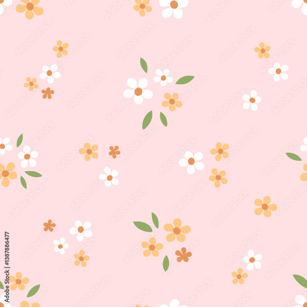 Fototapeta premium Floral seamless pattern with orange and white flower on pink background vector.