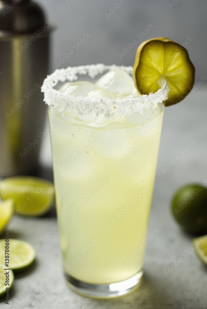 Frosty pickle margarita with salted rim and pickled cucumber garnish Frosty pickle margarita with salted rim and pickled cucumber garnish
