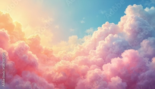 Watercolor clouds abstract wallpaper background. Pastel pink, blue, yellow clouds. Artistic dreamy background design. Soft fluffy cloudscape illustration. Dreamy heaven background art. Pastel sky