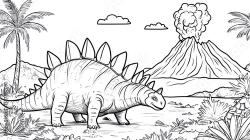 Fototapeta Naklejka Na Ścianę i Meble -  Prehistoric dinosaur coloring page, tropical landscape, volcano, education