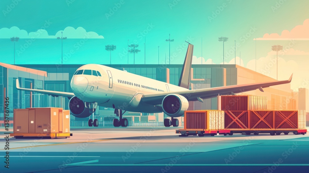 Airplane landing at airport with cargo containers Airplane landing at airport with cargo containers