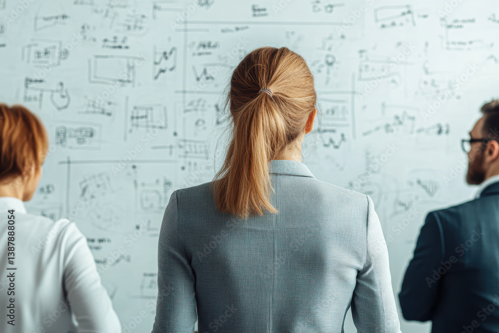 Three professionals analyzing a creative brainstorming session on a whiteboard. Three professionals analyzing a creative brainstorming session on a whiteboard.