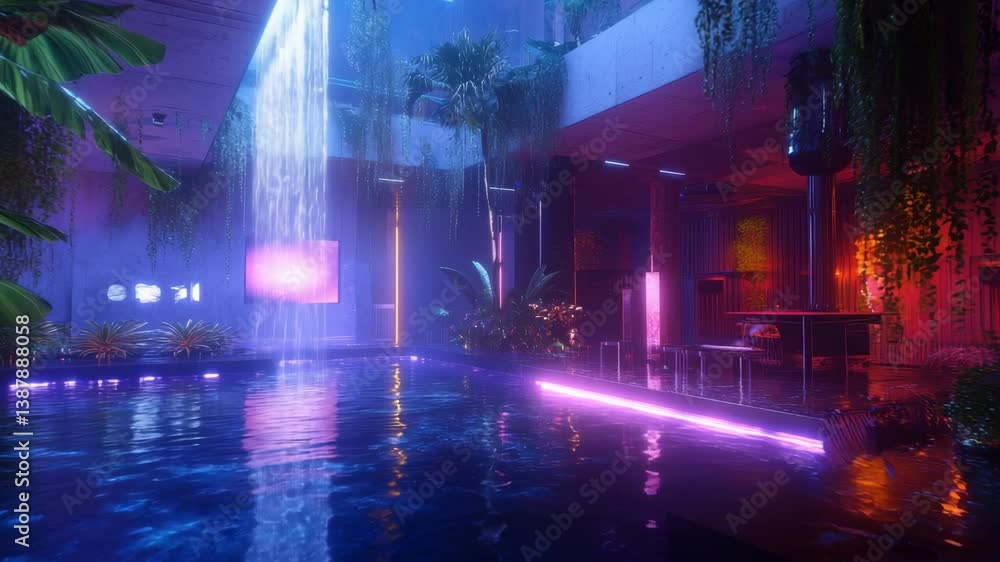 Futuristic Modern Indoor Pool with Neon Lighting Tranquil Ambiance with Water Reflections and Lush Greenery Futuristic Modern Indoor Pool with Neon Lighting Tranquil Ambiance with Water Reflections and Lush Greenery