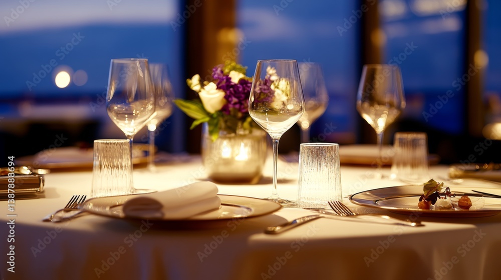 The image showcases an elegantly arranged dining table featuring exquisite glassware, decorative flowers, and fine dining elements ideal for a luxurious experience. The image showcases an elegantly arranged dining table featuring exquisite glassware, decorative flowers, and fine dining elements ideal for a luxurious experience.