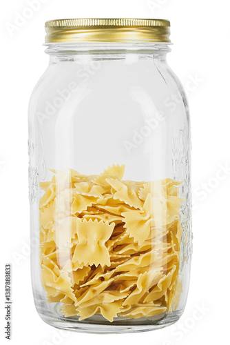 Farfalle pasta in a glass jar for storing bulk products isolated on white background.