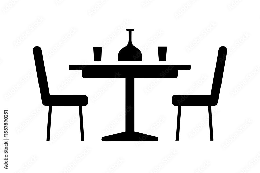 Dining table with chairs, bottle and glasses silhouette. Dining table with chairs, bottle and glasses silhouette.
