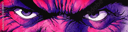 Intense Close Up Vector Art of Angry Eyes with Aggressive Expression in Purple Pink and Black Dramatic Abstract Illustration for Graphic Design and Emotional Concepts