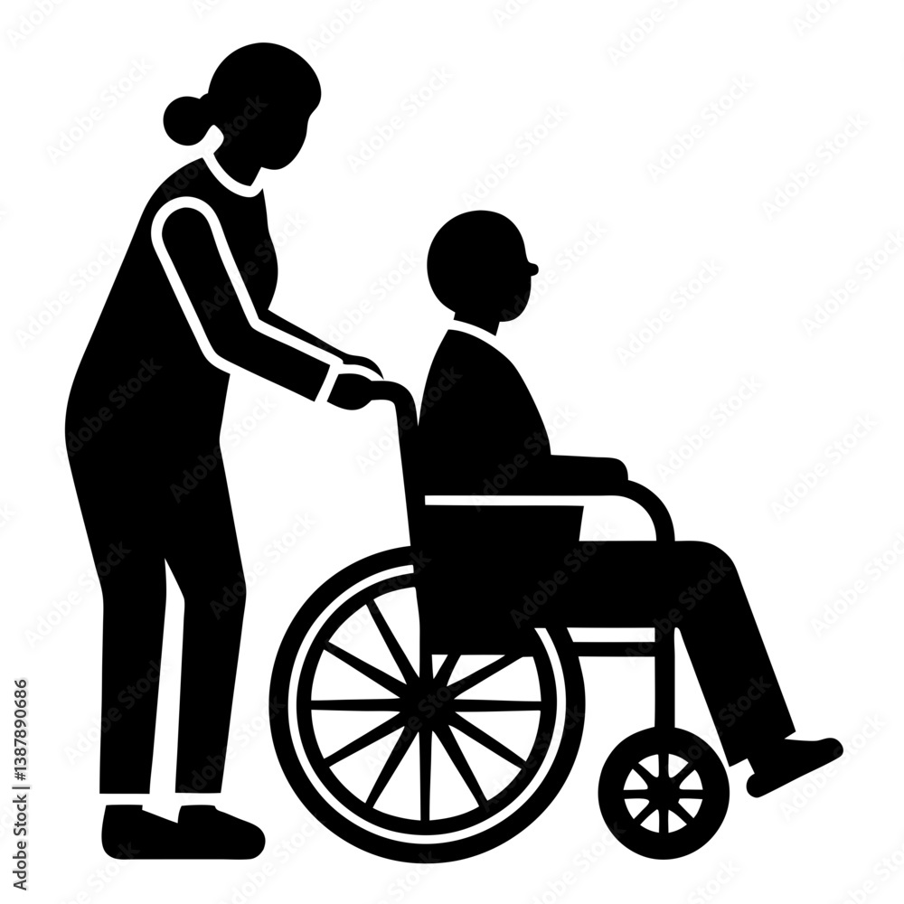 Silhouette of caregiver pushing patient in wheelchair Silhouette of caregiver pushing patient in wheelchair