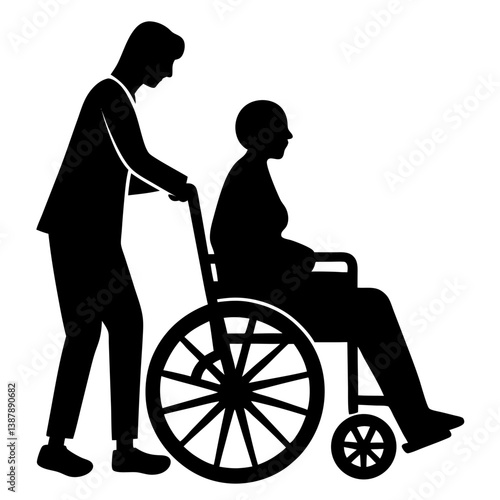 Silhouette of caregiver pushing senior woman in wheelchair.