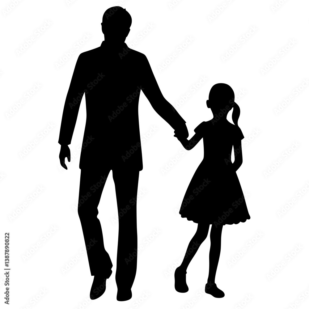 Silhouette of father holding daughter's hand while walking. Silhouette of father holding daughter's hand while walking.