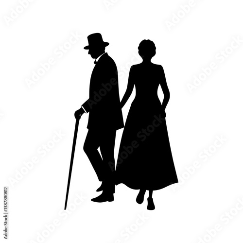 Silhouette of victorian couple walking with cane and dress