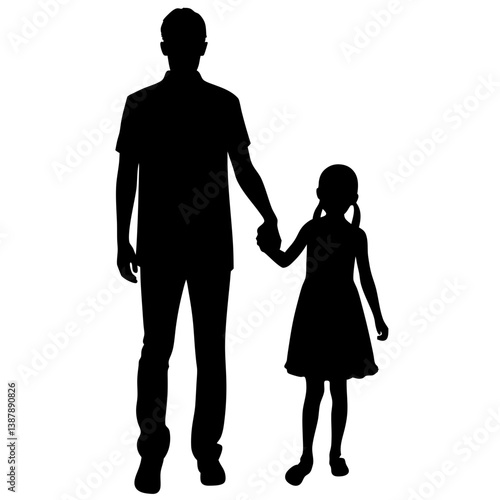 Silhouette of father and daughter holding hands walking.
