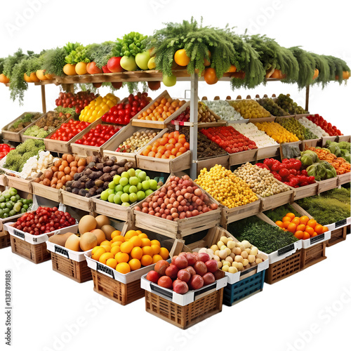 Fresh Produce Market Stall: Fruits & Vegetables isolated on transparent background