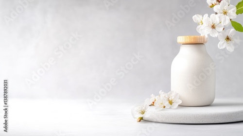 A white ceramic jar with wooden lid on a round pedestal surrounded by delicate white flowers, minimalist composition on soft grey background, and serene and elegant.