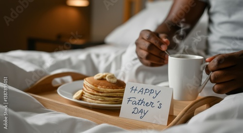 Obraz na płótnie Father's day breakfast in bed with pancakes and coffee. Black father enjoying breakfast in bed w salonie